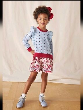 Matilda Jane Girls Light Blue & Red Polka Dot Ruffle Sweater